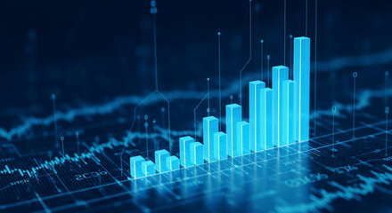 Blue 3D bar graph showcasing upward growth trend on digital background, symbolizing financial success, progress, and data visualization for business or technology concepts