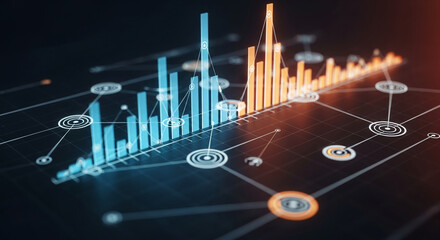 3D render of blue and orange bar graphs connected by lines and circles on dark grid background, showcasing data visualization and business growth concept