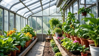 imagine an indoor greenhouse with an intelligent watering system using sensors to detect soil moisture levels and automatically supply water maintaining lush vibrant growth for all plants