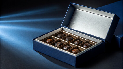 Indulge in luxury with this exquisite open box of gourmet dark chocolates, artfully presented with dramatic lighting and a sophisticated blue theme perfect for gifting or special occasions.