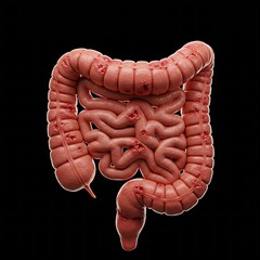  large intestine, featuring the distinct "cobblestone" appearance characteristic of severe Crohn's disease, with deep fissures and skip lesions. Emphasis on the irregular, 