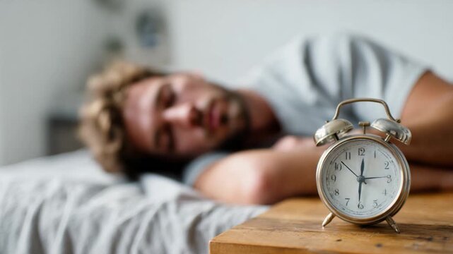 Slumber and the Silent Clock:  A weary individual surrenders to slumber, a classic alarm clock positioned prominently in the foreground.