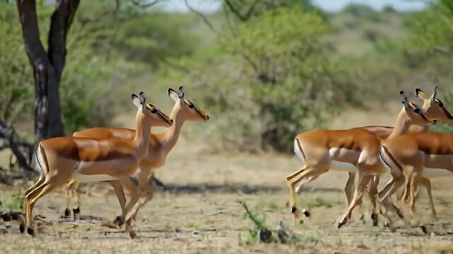 Graceful Impala Herd Walking Across the African Savanna with Their Reddish Brown Coats and Distinctive Markings in a Natural Habitat near Scattered Trees During Sunny Day Time and Capture Essence of