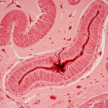  metaphor for diverticular bleeding, showing a cross-section of a diverticulum with a subtle, localized indication of blood vessel rupture and minimal blood extravasation within the intestinal wall.