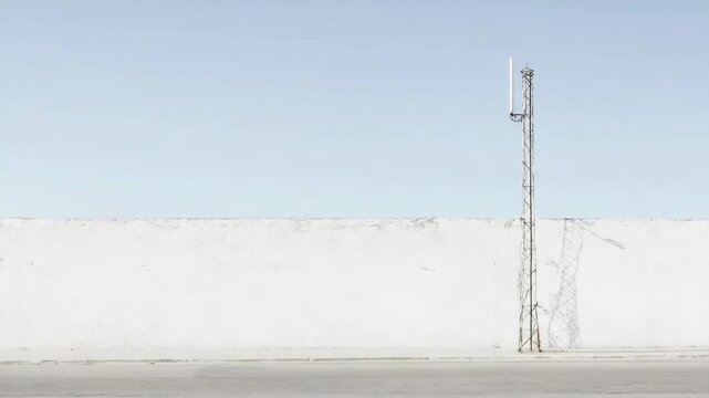 Minimalist scene with white wall, metal antenna, clear sky