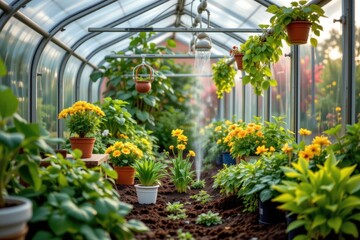 Fototapeta premium imagine a modern indoor greenhouse with smart irrigation system detecting soil dryness and automatically supplying exact water amounts to every plant keeping them healthy and flourishing