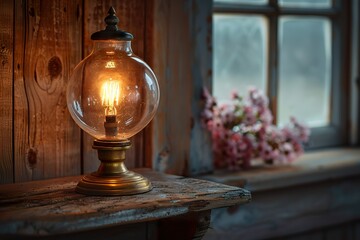 A vintage oil lamp with a brass base and a glass globe, glowing softly on a wooden mantlepiece with a rustic backdrop 