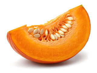 A single slice of bright orange pumpkin with seeds visible isolated on a white background surface