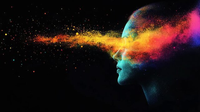 Abstract female face dissolving into bright, colorful particles against dark background