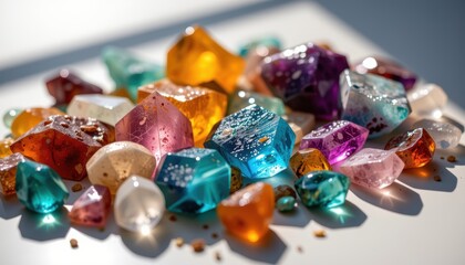 Colorful gemstones scattered on a reflective surface, showcasing various shapes and hues.