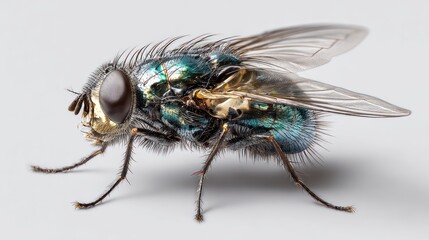 Fototapeta premium Close-up profile view of a metallic blue-green fly, showcasing its hairy body, translucent wings, and multifaceted eyes against a neutral grey backdrop