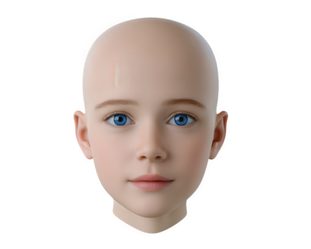 Bald humanoid robot head with blue eyes, realistic skin texture, neutral expression, isolated on transparency background, futuristic artificial intelligence concept