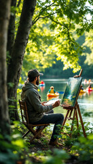 Fototapeta premium painter, artist, riverside, easel, canvas, painting, brush, palette, portrait, closeup, outdoor, nature, serene, peaceful, sunlight, greenery, poplartrees, sitting, woodenchair, casual, clothing, mids
