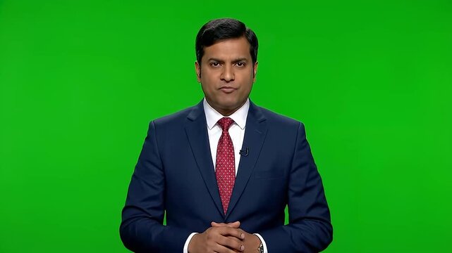Man in suit speaks against a green screen backdrop