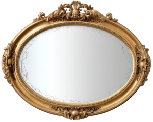 Antique oval mirror with ornate gold frame and cracked glass, reflecting vintage elegance and timeless charm, perfect for classic interior decor or restoration projects