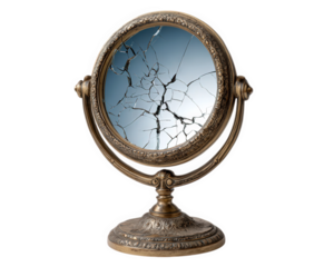 Shattered antique vintage mirror ornate brass frame cracked glass isolated on transparency background reflecting broken pattern nostalgic damaged old fashioned decorative emotional