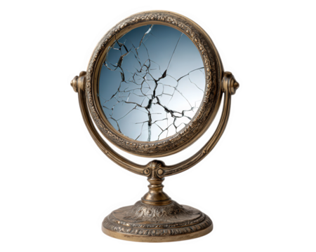 Shattered antique vintage mirror ornate brass frame cracked glass isolated on transparency background reflecting broken pattern nostalgic damaged old fashioned decorative emotional