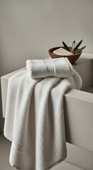 Luxurious white bath towels folded neatly with spa accessories