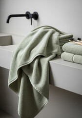 Soft sage green towel draped over a modern bathroom countertop