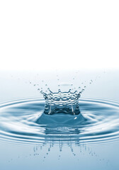 Close up of a water splash crown formation with ripples on a white background