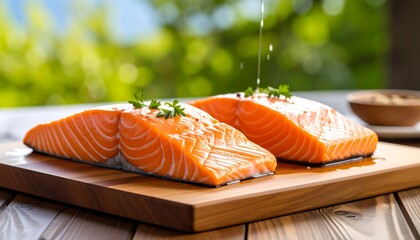 Fresh Salmon Fillet with Outdoor Setting.
