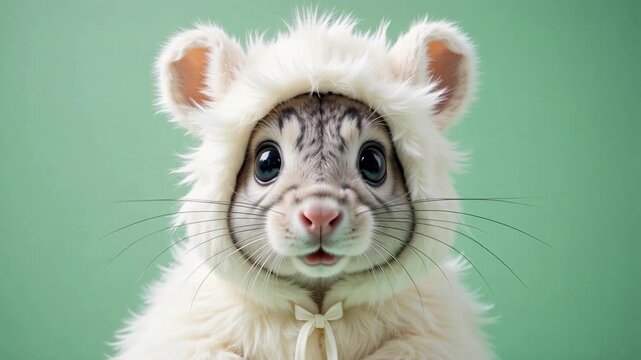 Adorable chinchilla in fluffy yeti costume with wide, surprised eyes against a soft green backdrop, perfect for playful, heartwarming visuals.