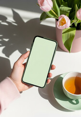 Hand holding a smartphone with a light green screen next to a cup of tea and tulips