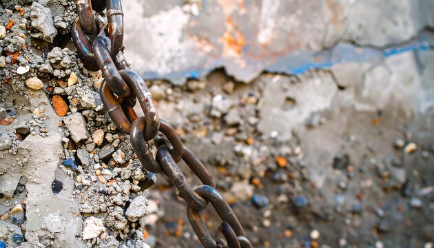 Rusty chain embedded in rubble, possibly from demolition