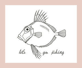 Vector fishing poster with hand drawn illustration of a funny fish made in graphic style. Ink drawing, beautiful design elements. 