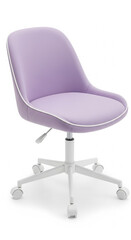 Modern lavender upholstered swivel office chair with white base and casters