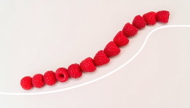 Fresh red raspberries arranged in an upward trending curve on a clean white background, symbolizing growth and healthy eating. - Powered by Adobe