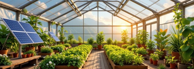 visualize a future indoor greenhouse equipped with solar panels and mini wind turbines producing electricity for lighting climate control and watering systems maintaining ideal conditions for plants
