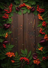 Autumn wreath of berries and leaves on rustic wooden background