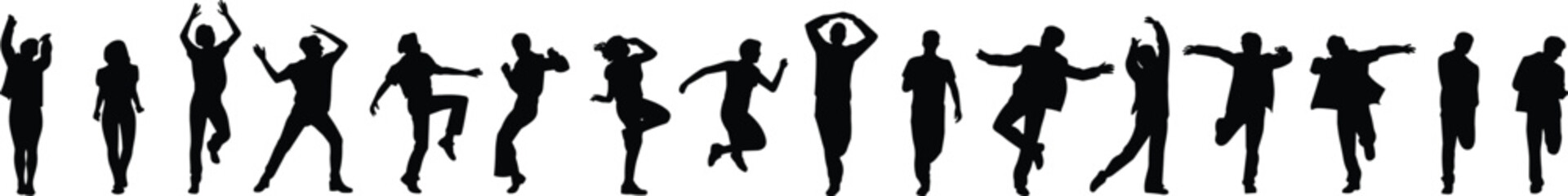 Dancing silhouettes, people jumping, energetic movement, group choreography, happy dancers, active poses, expressive figures, black silhouette, isolated vector, dance illustration