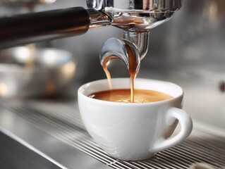At the moment of serving espresso coffee, very hot in a white cup. Served with a coffee machine in a restaurant. The coffee comes out of the nozzle of the coffee machine.