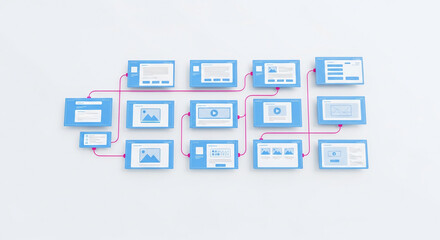 Network of light-blue website interface mockups interconnected, showcasing website design, user experience, and digital workflow, representing website architecture and planning