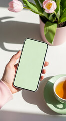 Hand holding a smartphone with a blank screen next to a cup of tea and flowers