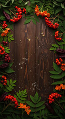 Rustic wooden tabletop surrounded by autumn berries and green leaves