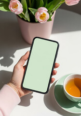 Hand holding a smartphone with a blank screen next to a cup of tea and flowers