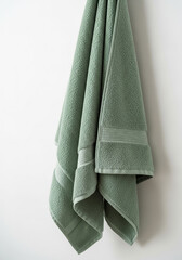 Soft sage green cotton bath towel hanging on a white wall