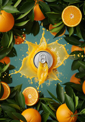 Refreshing orange soda splash with can and fresh fruit