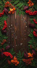 Autumnal wreath of berries and leaves on a wooden background