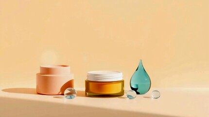 Minimalist cosmetic cream jar with skincare accessories.