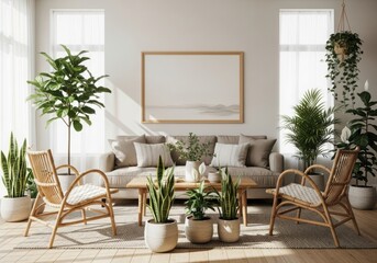 Cozy living room with plants and rattan chairs