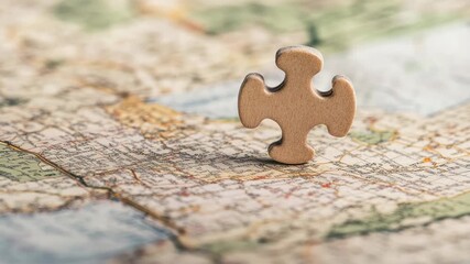 Single puzzle piece on map close-up, symbolizing finding right place or missing in journey