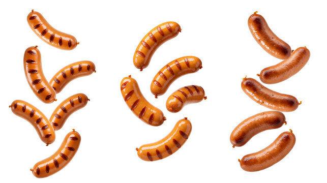 Cooked sausages falling set PNG. Grilled sausages tumbling down isolated. Barbecue sausages flying PNG. Juicy cooked sausages falling in mid-air for summer BBQ food visuals isolated