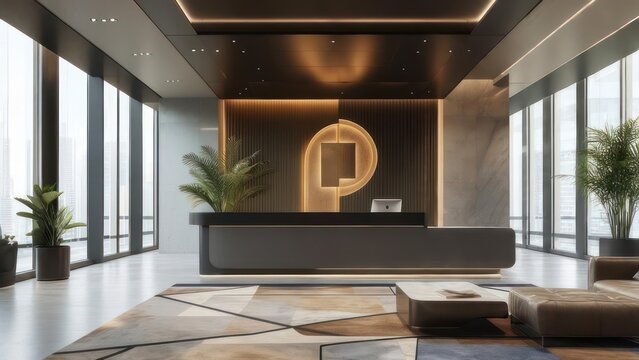 Elegant Corporate Lobby with a Striking Backlit Emblem and Sleek, Modern Furnishings