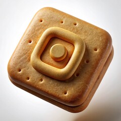 Realistic 3D baked biscuit cookie with embossed abstract square pattern design, golden brown crispy texture, isolated on clean white background