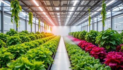 visualize a modern indoor farm using climate control to regulate temperature and humidity improving plant quality promoting uniform growth better taste color aroma texture and resilience against envir