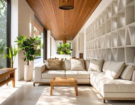 A corridor in a tropical modern house featuring a breezeblock wall for cross-ventilation and shadow patterns